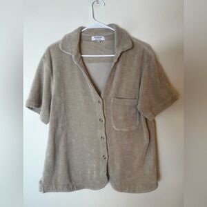 Frankies Bikinis Coco Terry Cloth Front Pocket Shirt In Sand Brown Women's Sz M